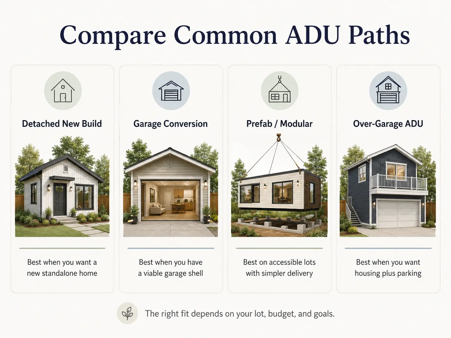Compare common ADU paths — prefab, garage conversion, and stick-built new construction side-by-side