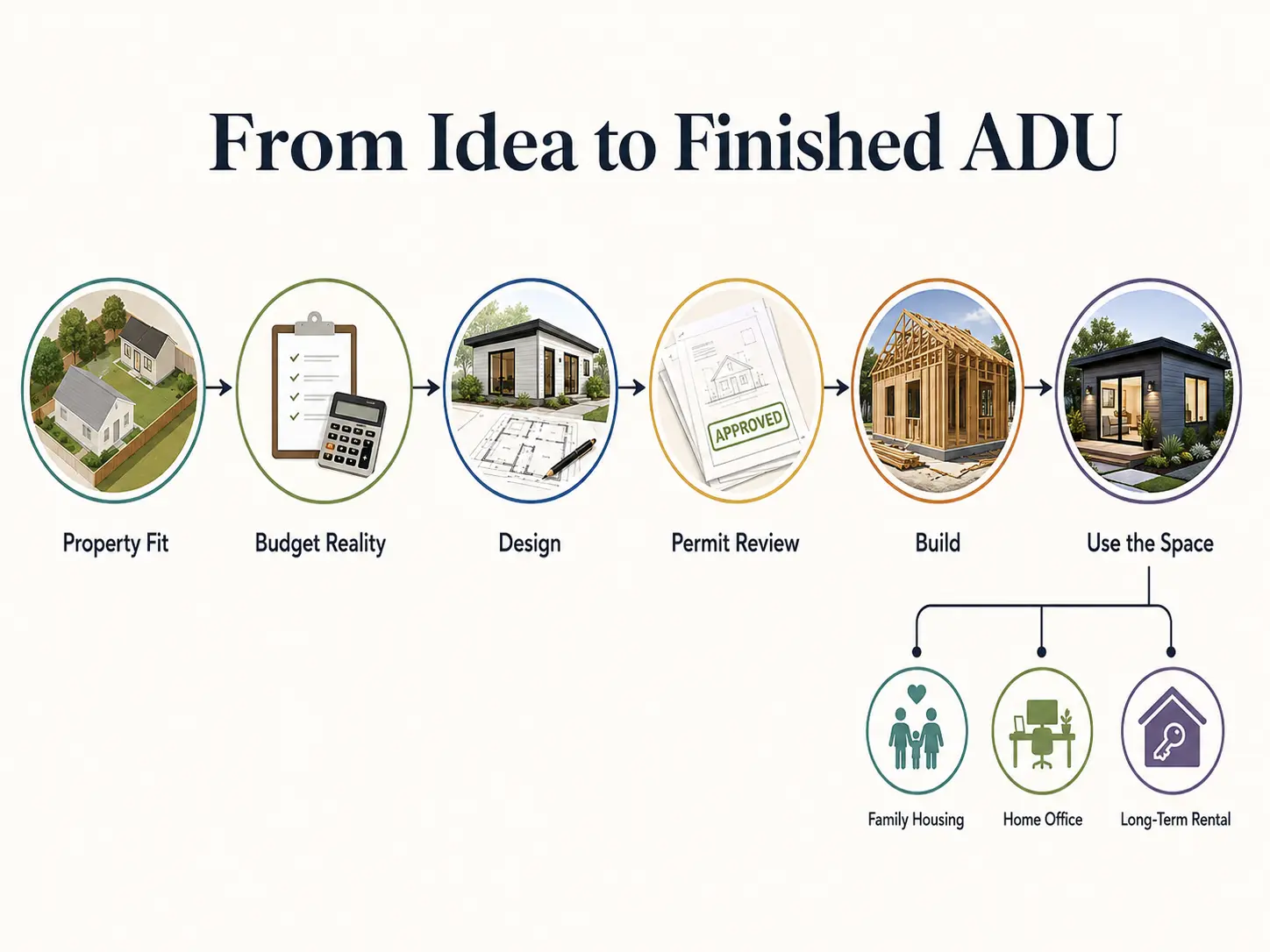 From idea to finished ADU — SnapADU project timeline phases: discovery, design, permitting, construction