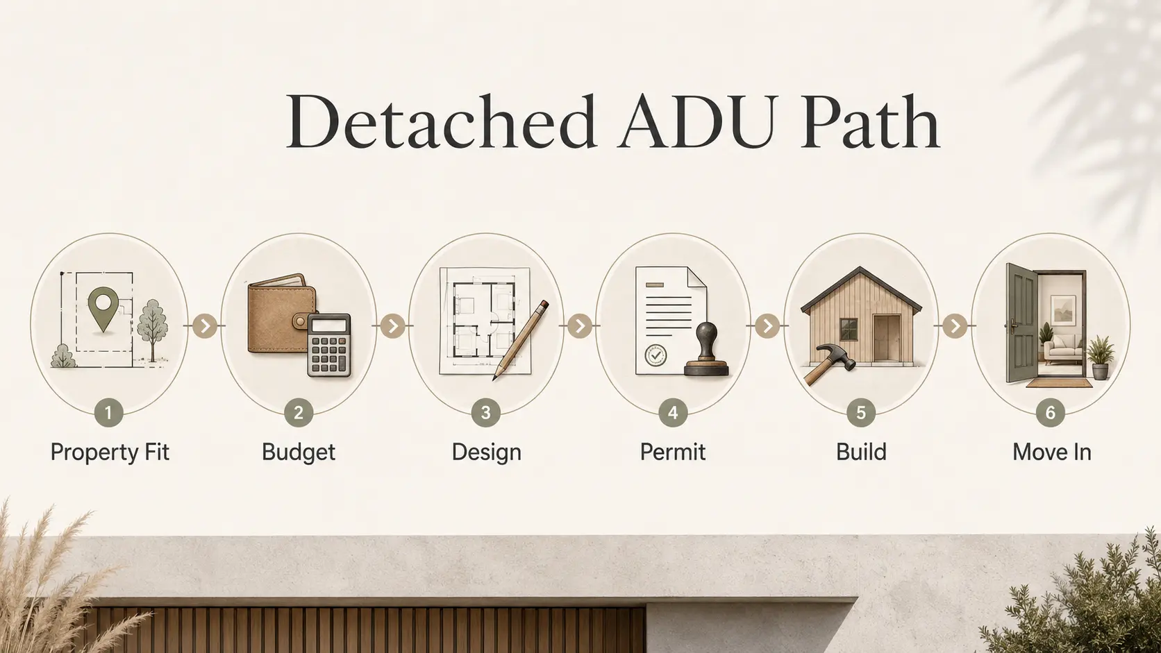 Detached ADU Path steps diagram: Property Fit, Budget, Design, Permit, Build, Move In