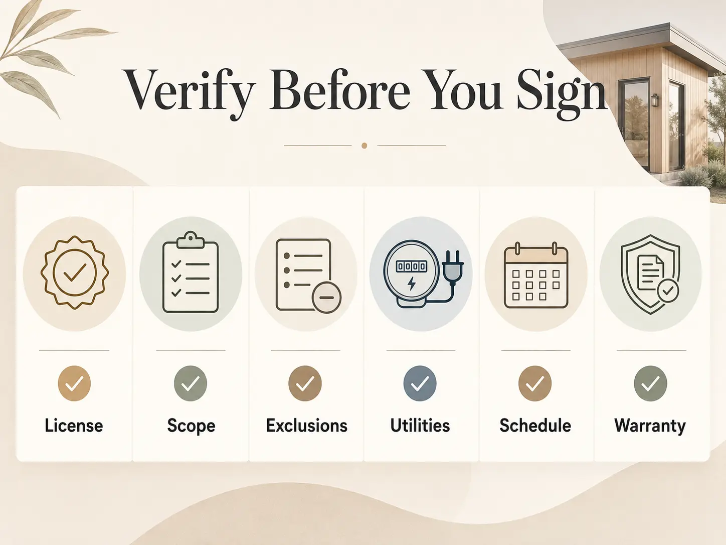 Verify Before You Sign checklist infographic showing License, Scope, Exclusions, Utilities, Schedule, and Warranty checkboxes