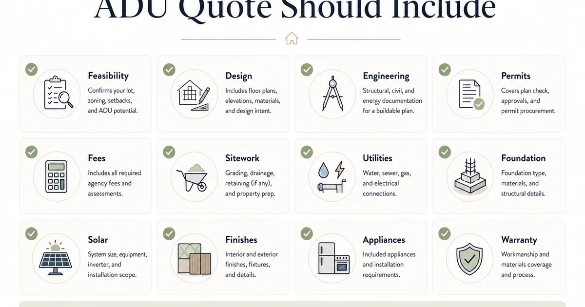 What a complete ADU quote should include — checklist of all required line items before comparing builder quotes