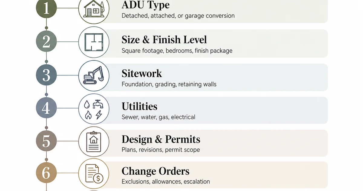 Compare ADU quotes apples-to-apples: 7 dimensions including ADU type, size, sitework, utilities, design & permits, change orders, and warranty