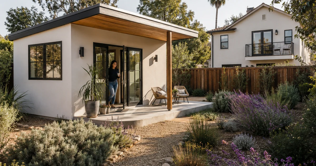 Completed detached ADU in San Diego — modern white stucco backyard home with patio