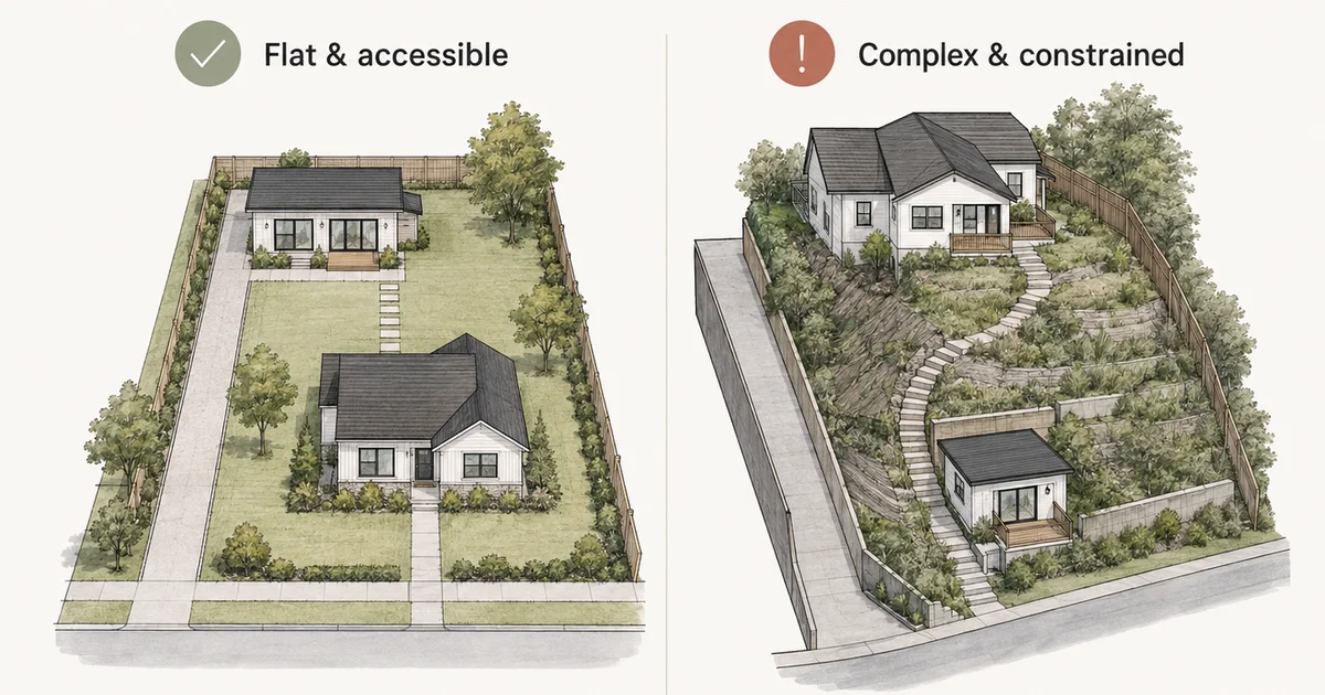 Lot-fit comparison: flat accessible lot favors HUD manufactured; sloped tight-access favors stick-built