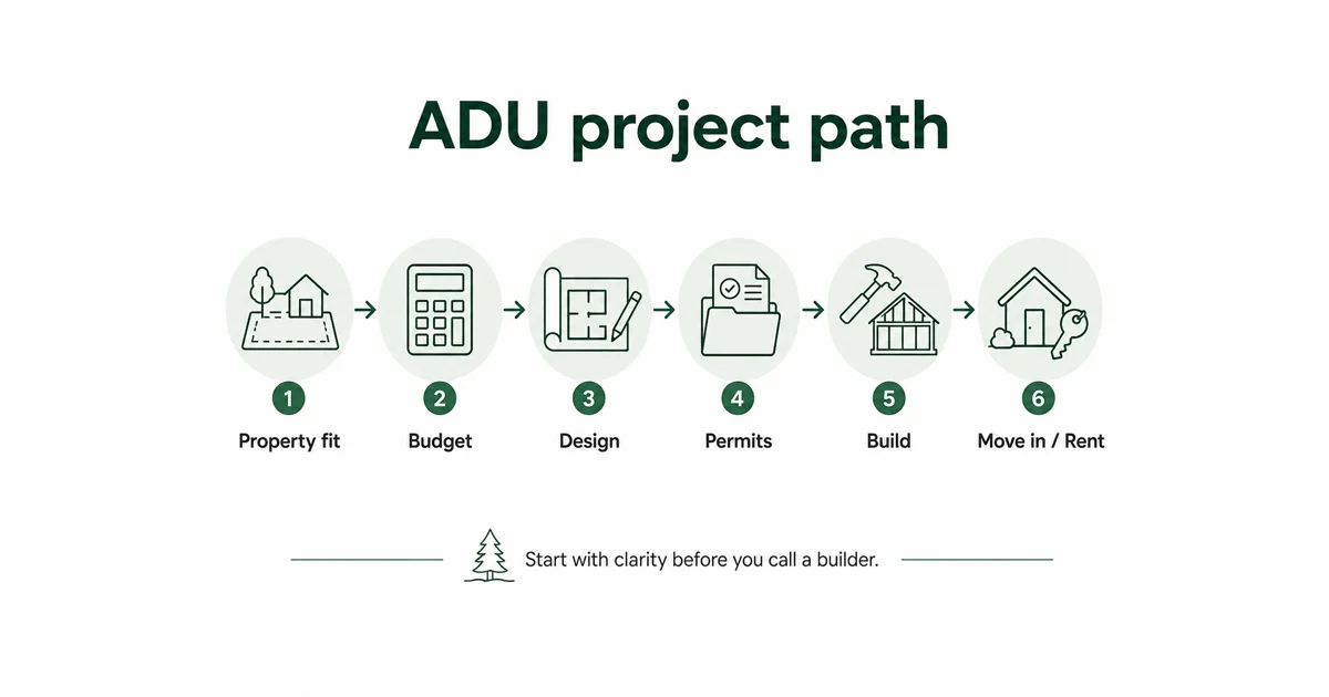 ADU project path diagram showing 6 steps: property fit, budget, design, permits, build, and move in or rent