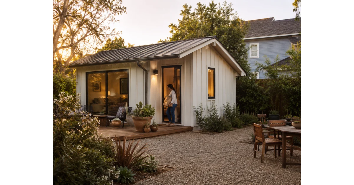 Completed detached accessory dwelling unit at dusk in a residential California backyard with warm lighting