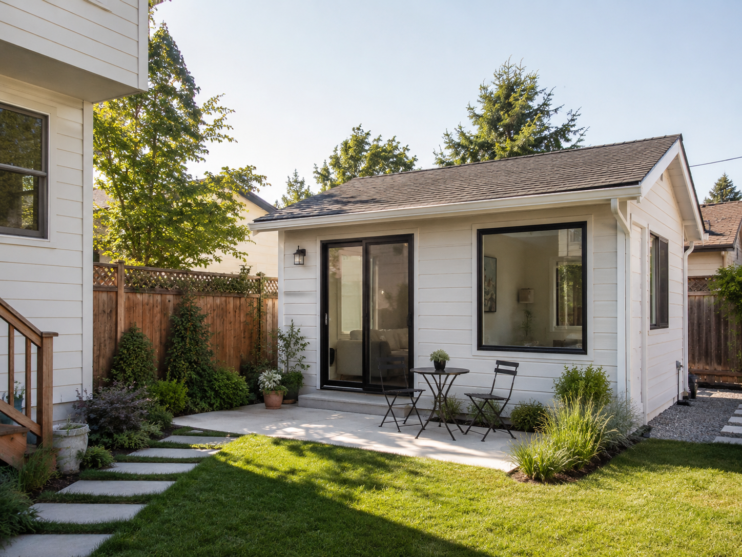 Compact backyard ADU with outdoor bistro seating — Nest Tiny Homes model style