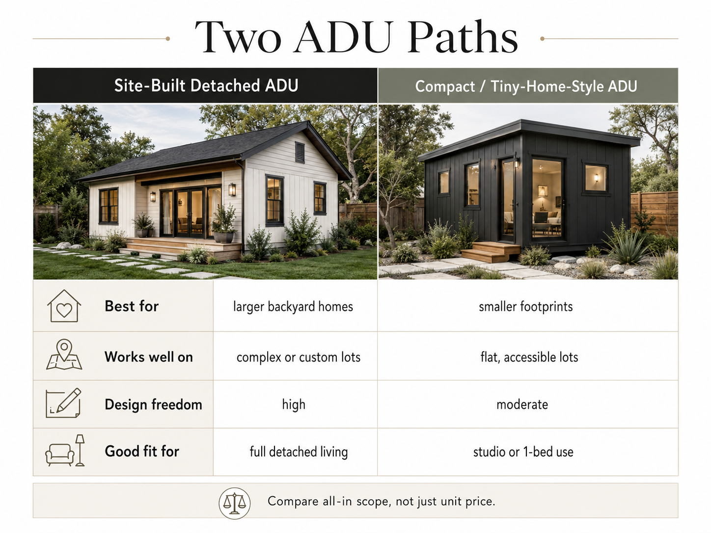 Two ADU paths comparison: site-built stick-framed ADU versus compact model-based ADU