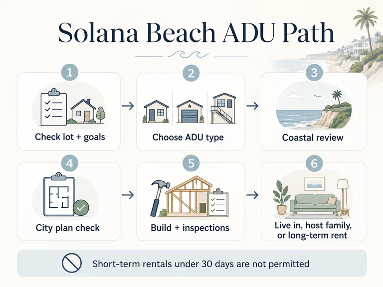 Solana Beach ADU Path: 6-step overview from lot feasibility check through certificate of occupancy, with note that short-term rentals under 30 days are not permitted.