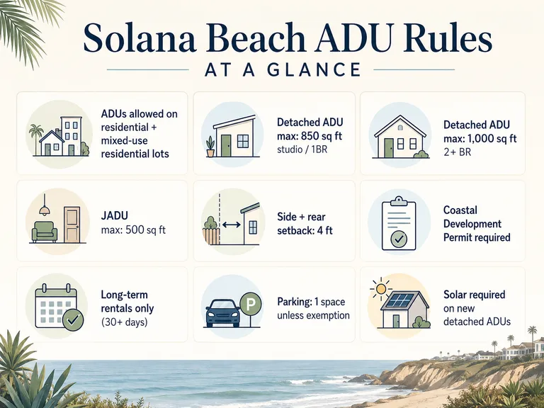 Solana Beach ADU Rules at a Glance — ADUs allowed on residential and mixed-use lots, detached max 850 sq ft studio/1BR or 1,000 sq ft 2+ BR, JADU max 500 sq ft, 4-ft setbacks, Coastal Development Permit required, long-term rentals only, solar required.