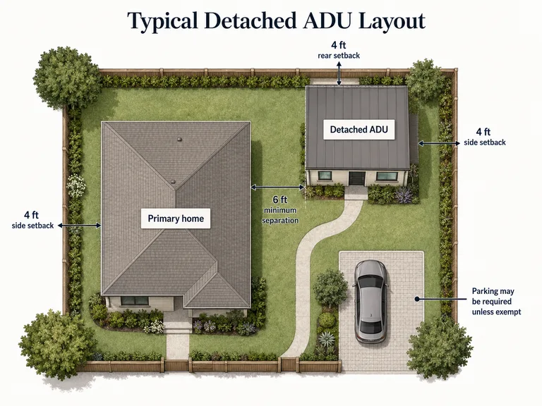 Solana Beach ADU setback and height envelope diagram showing 4-foot side and rear setbacks and 16-foot detached height cap.