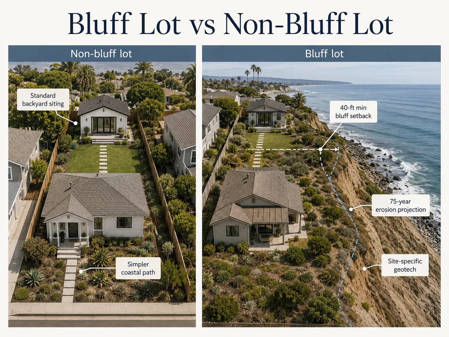 Cross-section of a Solana Beach bluff lot showing the 40-foot Land Use Plan setback and 75-year erosion projection.