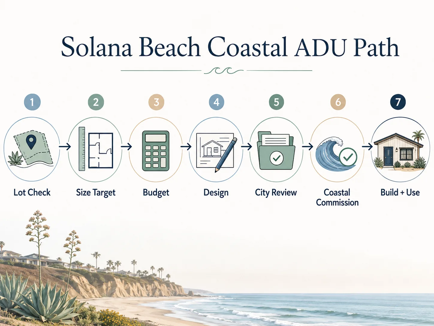 Seven-step Solana Beach Coastal ADU Path from lot check through build and use.