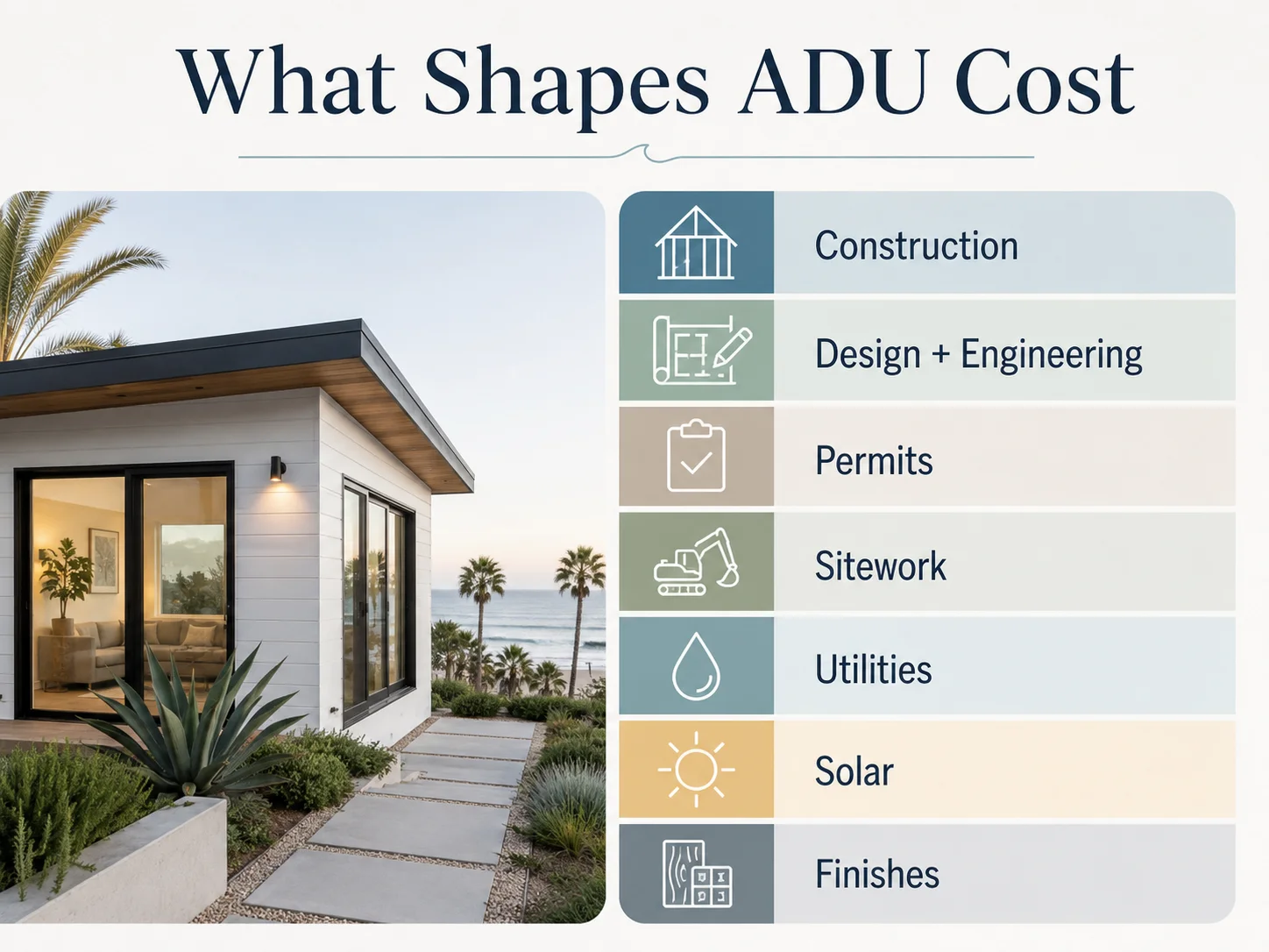 Solana Beach ADU cost stack showing construction, design, permits, sitework, utilities, solar, and CDP soft costs that contribute to the $300K–$550K all-in range.