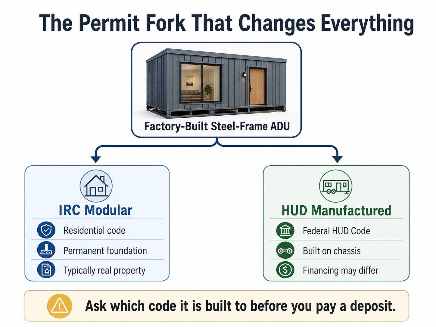 Decision tree showing IRC modular versus HUD Code manufactured classification for steel-frame ADUs — The Dwelling Index