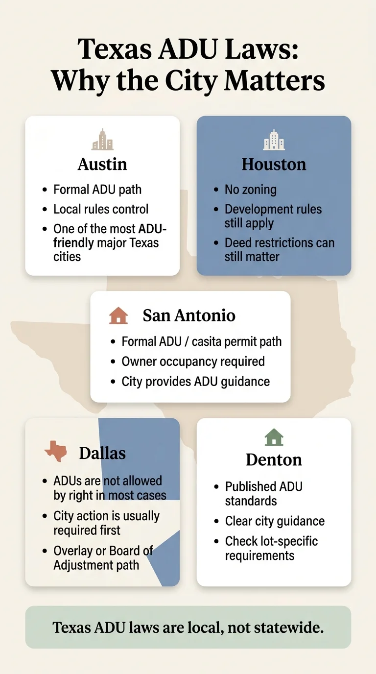 Texas ADU laws by city infographic — Austin, Houston, San Antonio, Dallas, and Denton comparison showing by-right status, local rules, and key restrictions