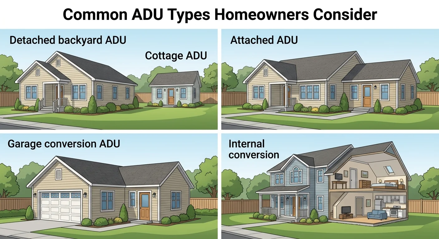Common ADU types in Texas: detached backyard ADU, attached ADU, garage conversion ADU, and internal conversion — illustrated cutaway diagrams