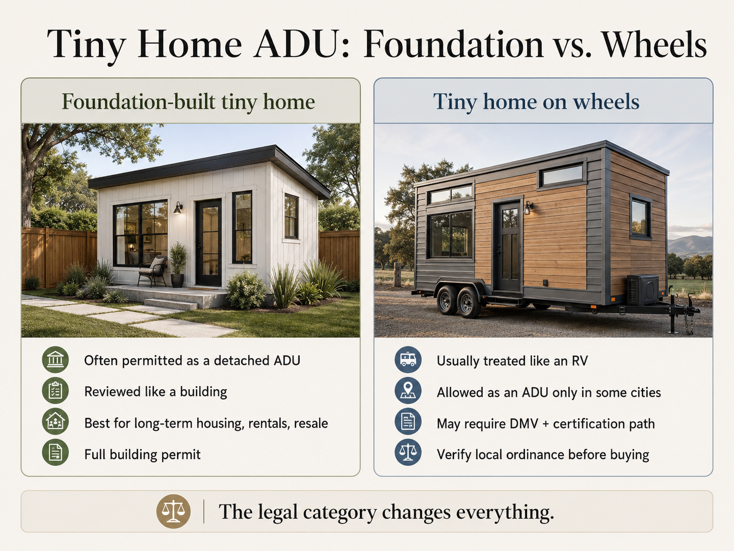 Tiny home on wheels versus a foundation-built tiny home side by side comparison