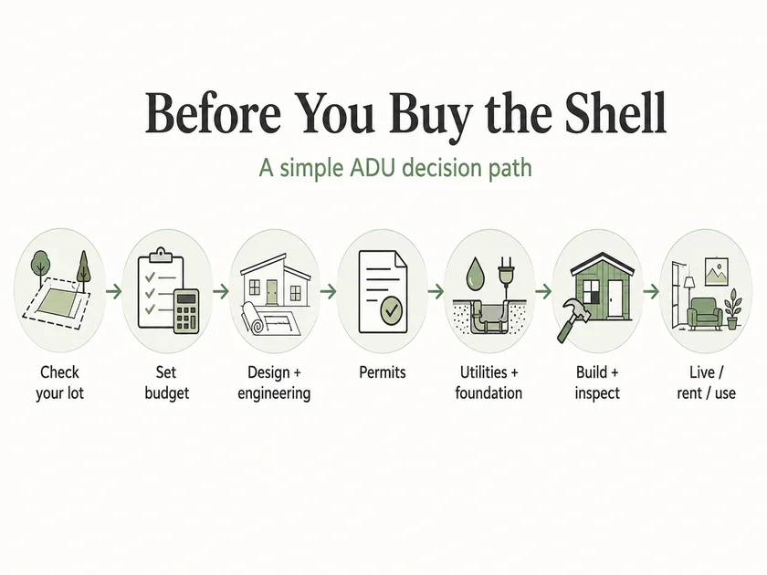 Before you buy the shell \u2014 a simple ADU decision path: check your lot, set budget, design and engineering, permits, utilities and foundation, build and inspect, then live/rent/use.