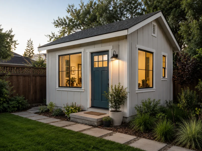 Tuff Shed Premier PRO Studio at dusk, showing a finished exterior \u2014 the shell is the starting point, not the finished dwelling.