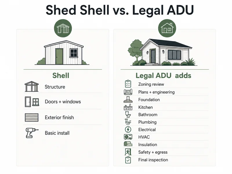 Shed shell vs. legal ADU \u2014 diagram showing what the shell includes versus what a legal ADU adds: foundation, kitchen, bathroom, plumbing, electrical, HVAC, insulation, egress, and final inspection.