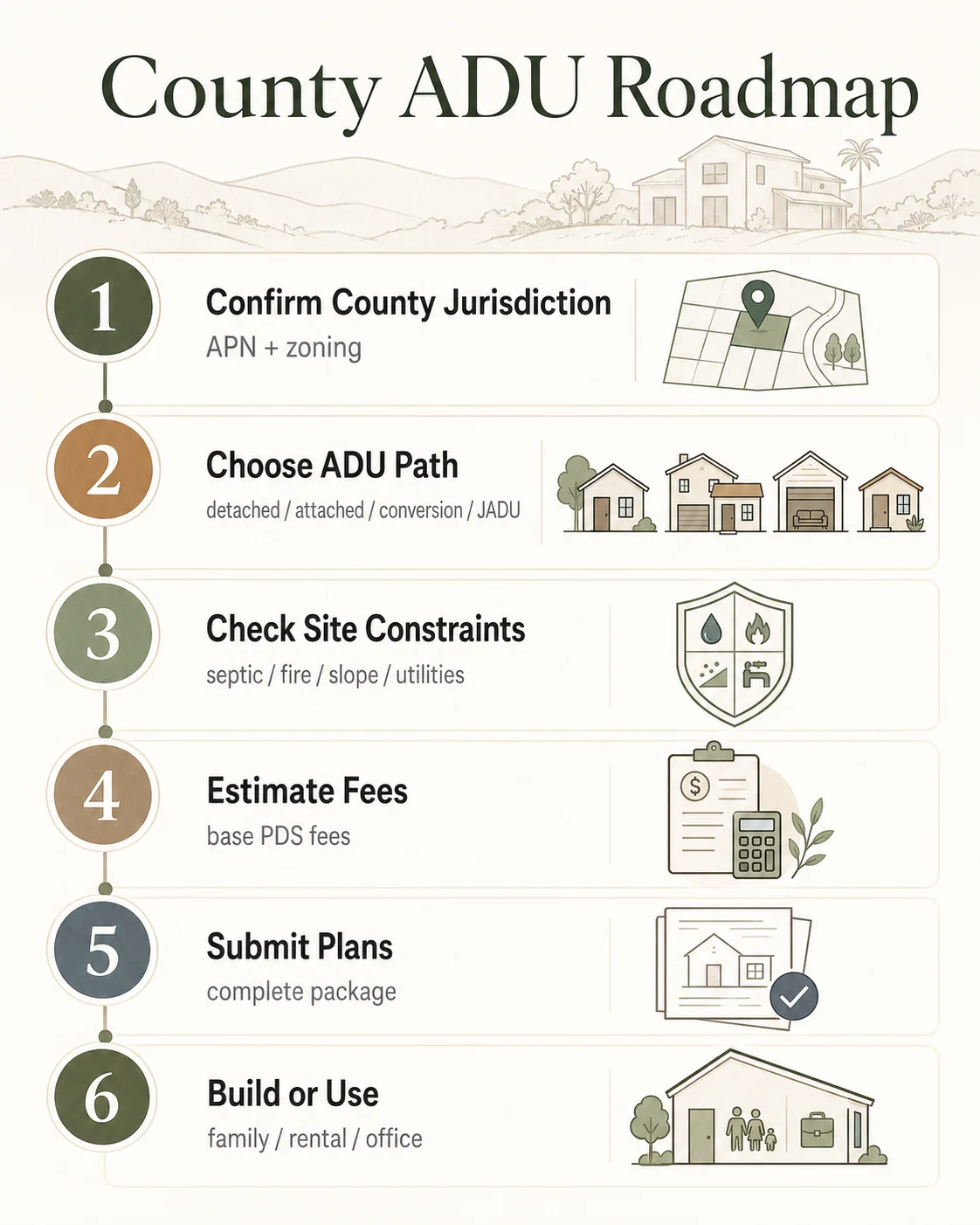 County of San Diego ADU permit roadmap showing the four phases from decision through occupancy.