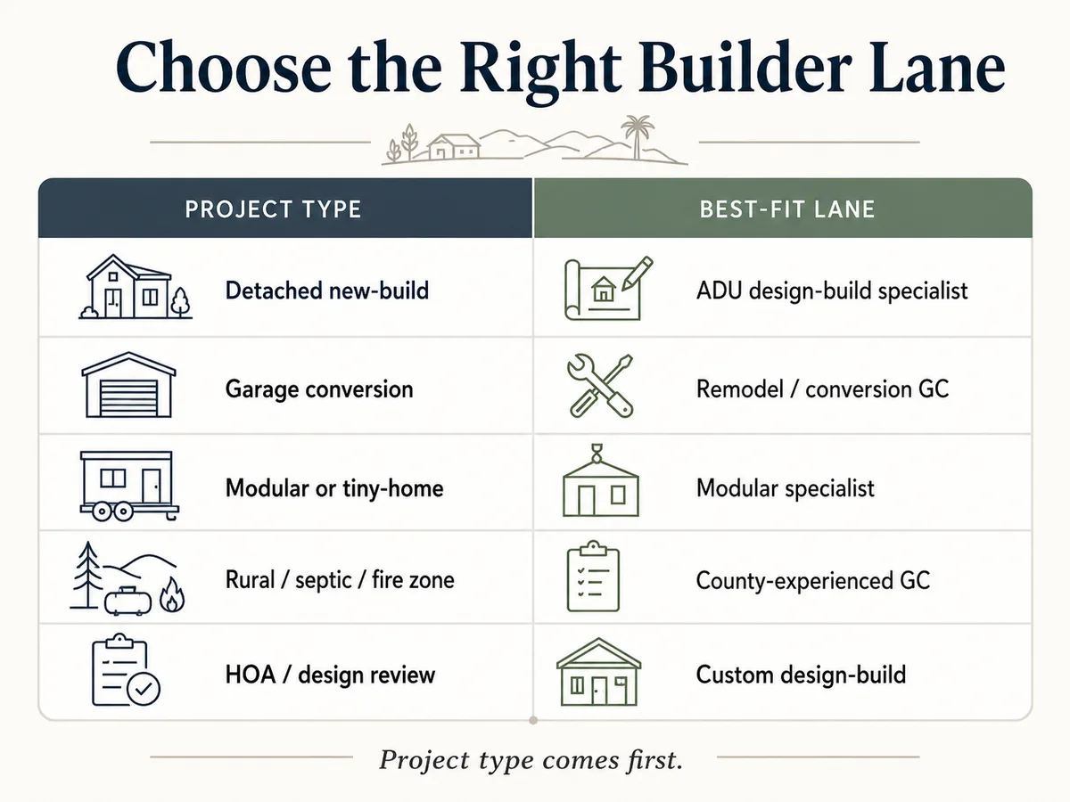 Choose the Right Builder Lane for unincorporated San Diego County ADU projects by project type