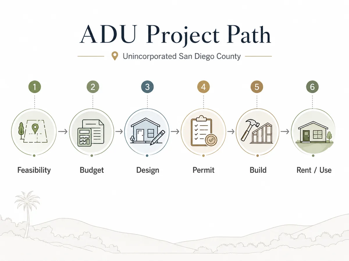 Cost adders for unincorporated San Diego County ADU: septic, fire-zone, access road, solar — ADU Project Path diagram