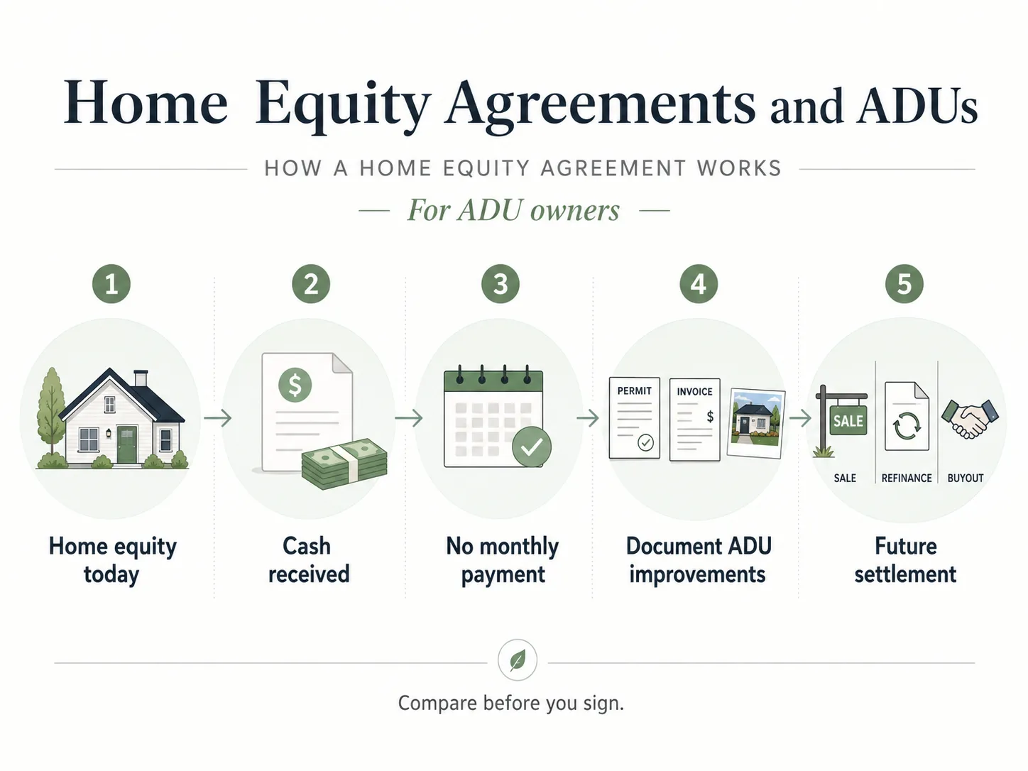 How a home equity agreement works in five steps for ADU owners: equity today, cash received, no monthly payment, document ADU improvements, future settlement
