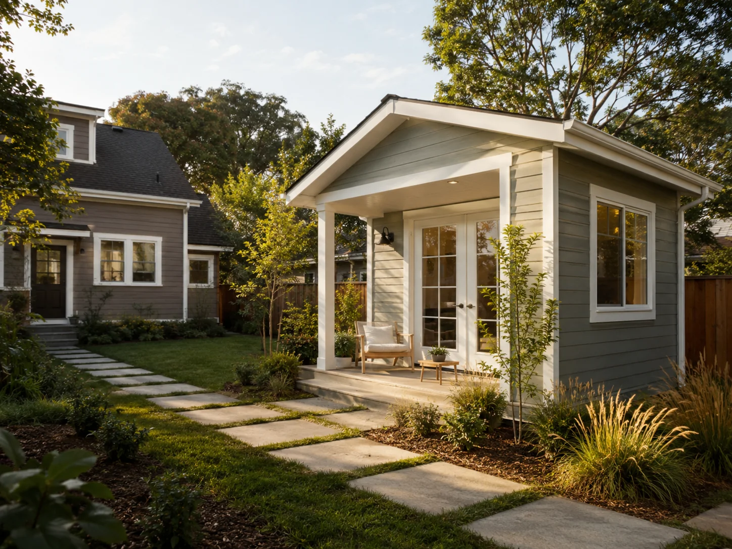 Single-family home with a legal accessory dwelling unit — detached ADU cottage exterior