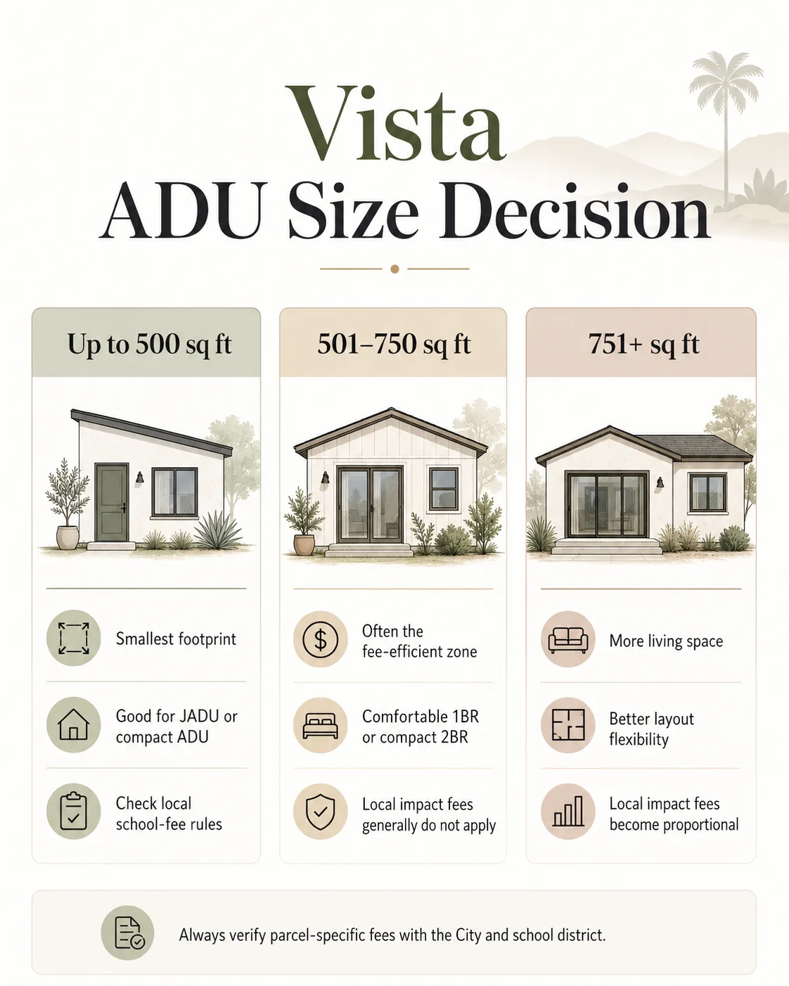 Vista ADU Size Decision infographic showing three lanes: up to 500 sq ft, 501\u2013750 sq ft, and 751+ sq ft
