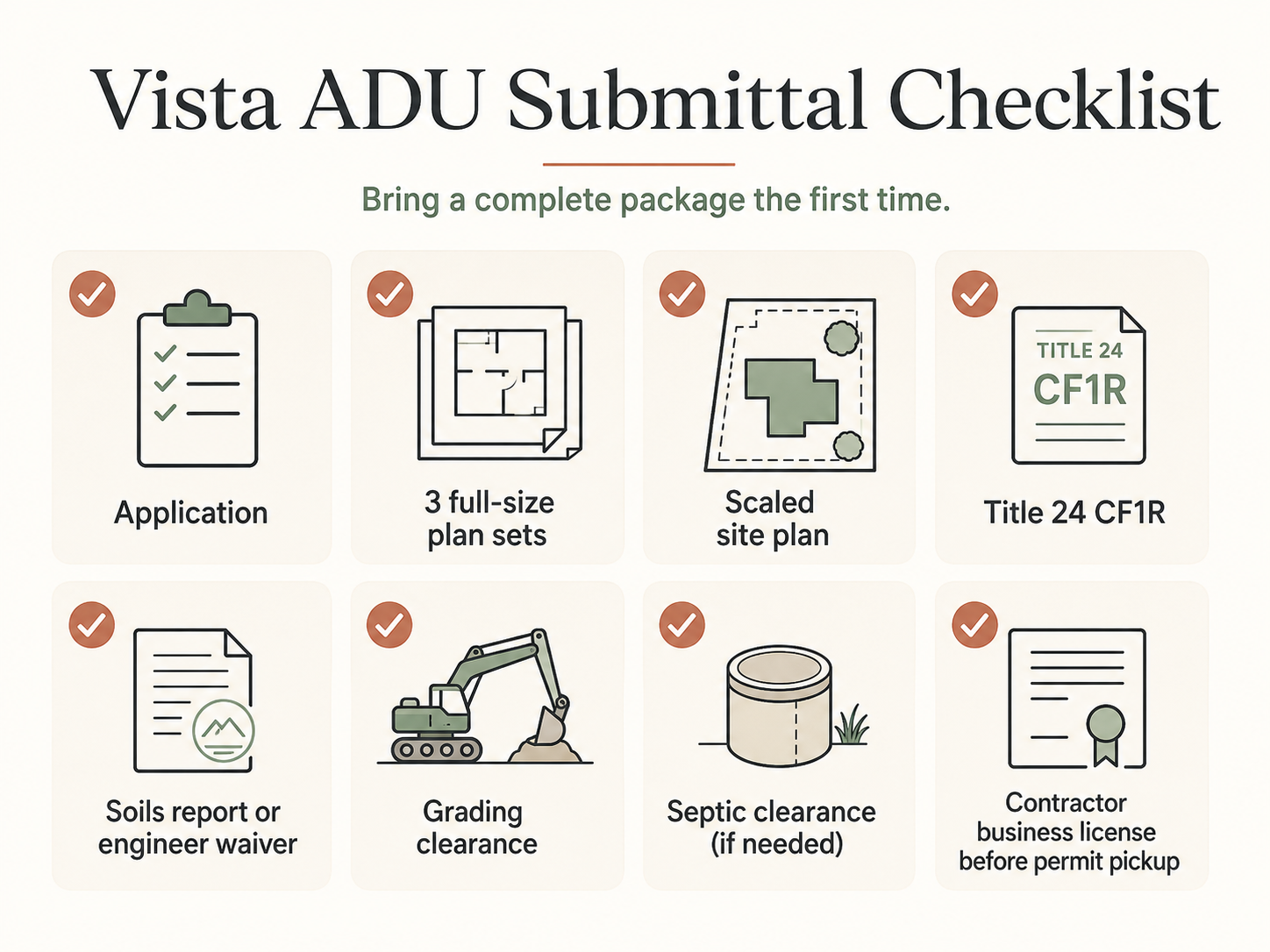 Vista ADU Submittal Checklist \u2014 8 items to bring to the Development Services counter