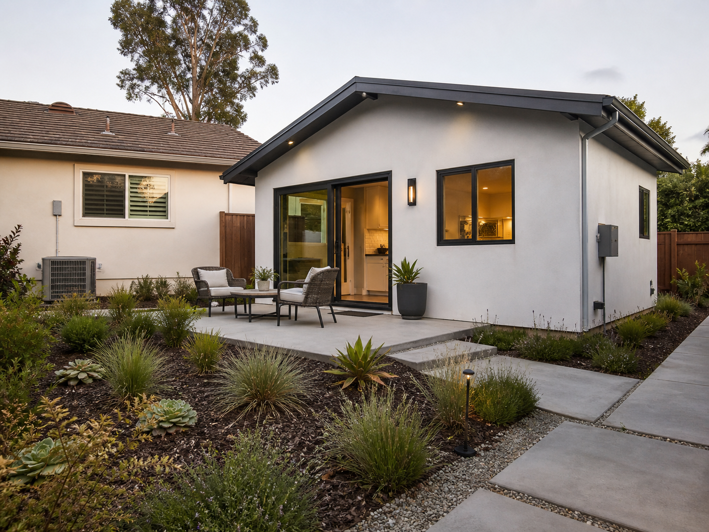 Finished detached ADU rental unit with sliding glass door and patio in northern San Diego County