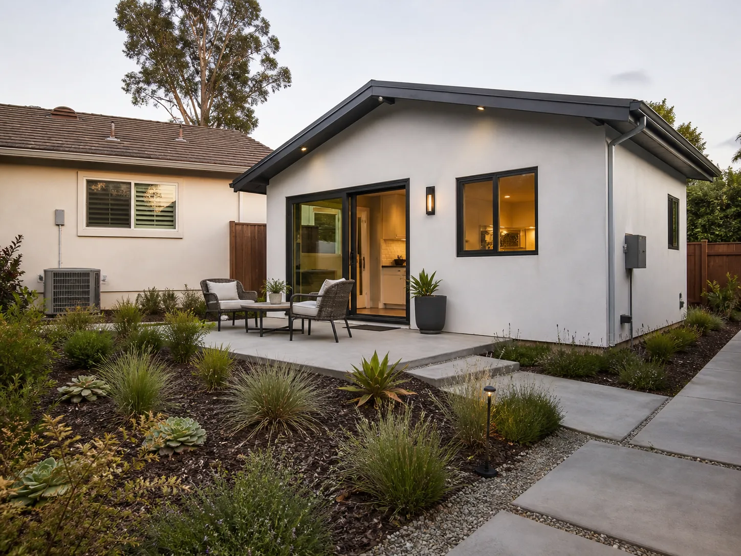 Finished detached ADU rental unit with sliding glass door and patio in northern San Diego County