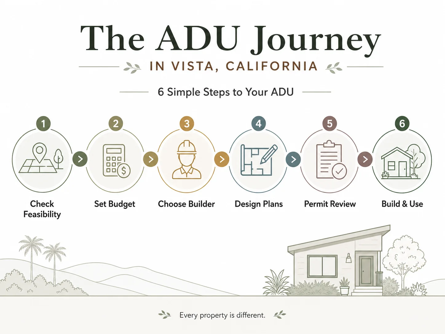 The ADU Journey in Vista, California — 6 simple steps: Check Feasibility, Set Budget, Choose Builder, Design Plans, Permit Review, Build and Use
