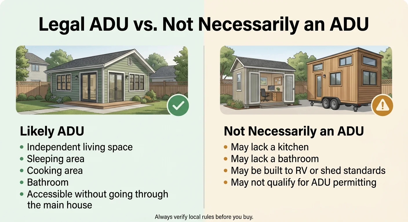 Legal ADU vs. Not Necessarily an ADU — infographic comparing features of a legal ADU (independent living space, kitchen, bathroom, permanent foundation) versus structures that may not qualify