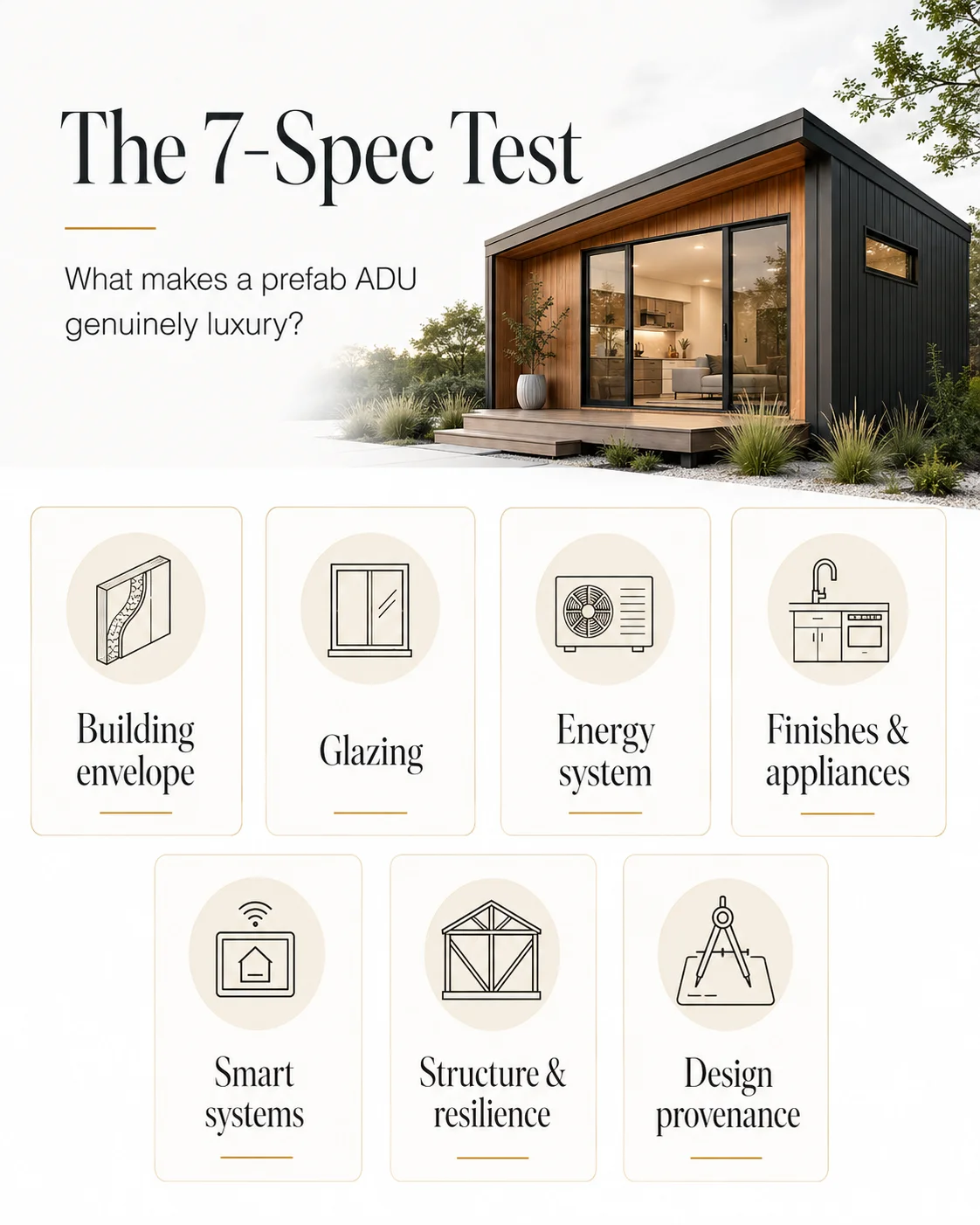 The seven specs that define a luxury prefab ADU: building envelope, glazing, energy system, finishes and appliances, smart systems, structure and resilience, and design provenance