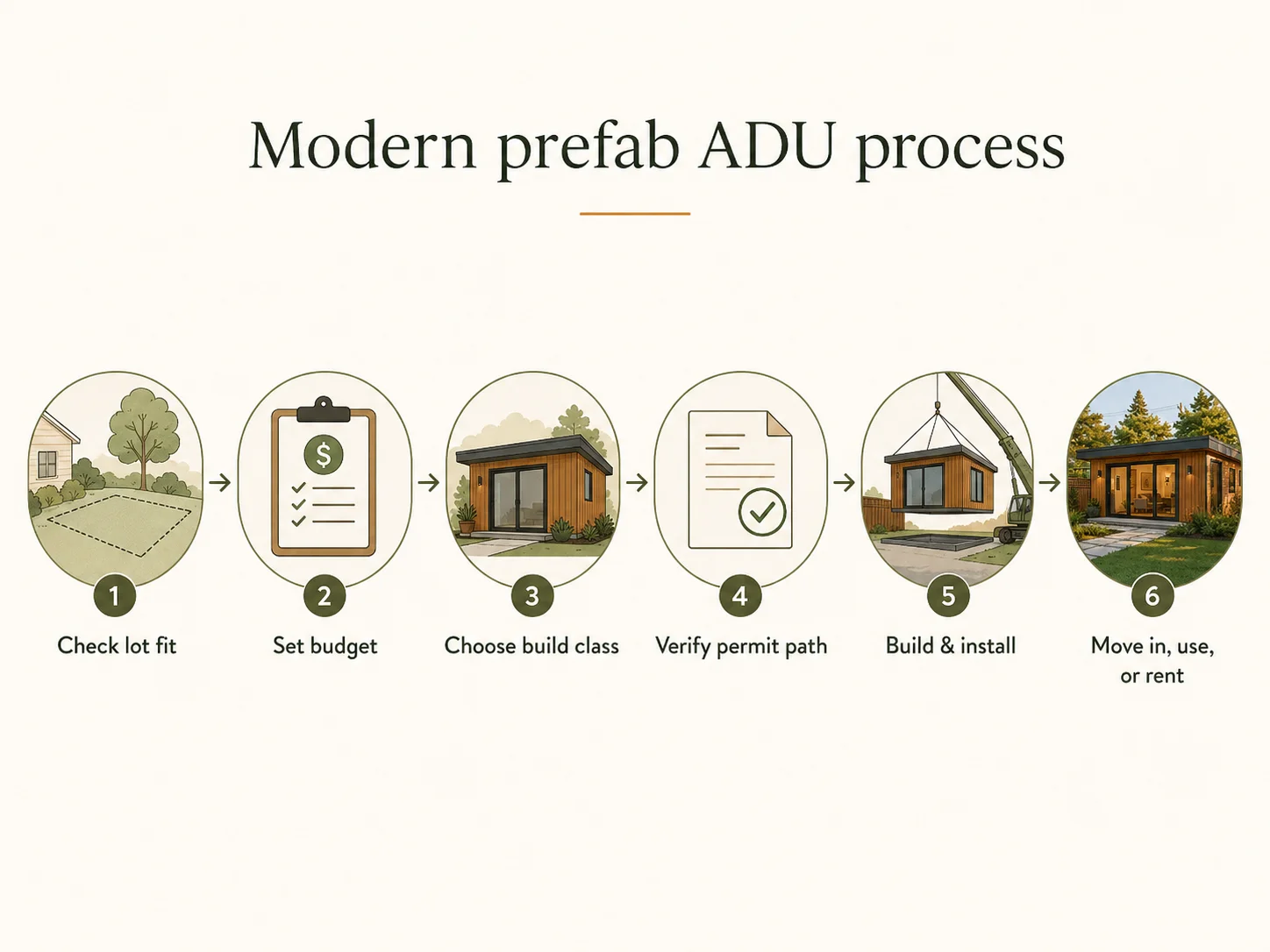 Modern prefab ADU process steps from factory to occupancy