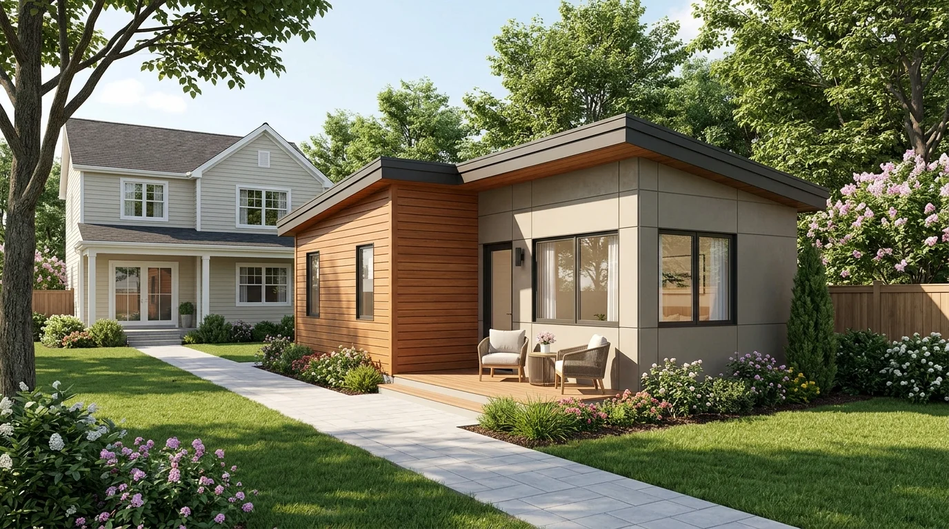 Completed modular ADU in a suburban backyard — modern flat-roof design with cedar and stucco cladding, sitting area on front porch, adjacent to main home