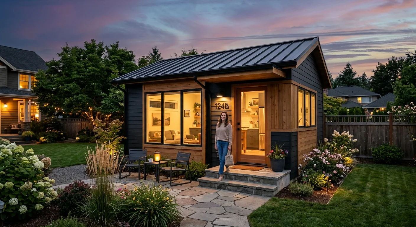 Completed modular ADU at dusk — cedar and dark siding, standing seam metal roof, warm interior lighting visible through large windows, woman standing at the front door with a tote bag, well-landscaped backyard setting