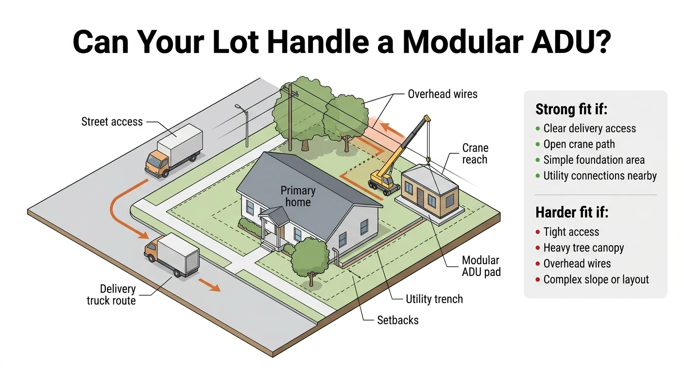 Diagram showing whether your lot can handle a modular ADU — illustrates street access for delivery truck, crane reach path, overhead wires obstruction, setbacks, utility trench route, and modular ADU pad placement relative to primary home. Strong fit criteria: clear delivery access, open crane path, simple foundation area, utility connections nearby. Harder fit criteria: tight access, heavy tree canopy, overhead wires, complex slope or layout.