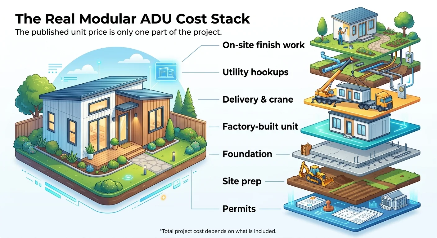 Infographic showing The Real Modular ADU Cost Stack — layered from bottom to top: permits, site prep, foundation, factory-built unit, delivery and crane, utility hookups, on-site finish work — illustrating that the published unit price is only one part of the project
