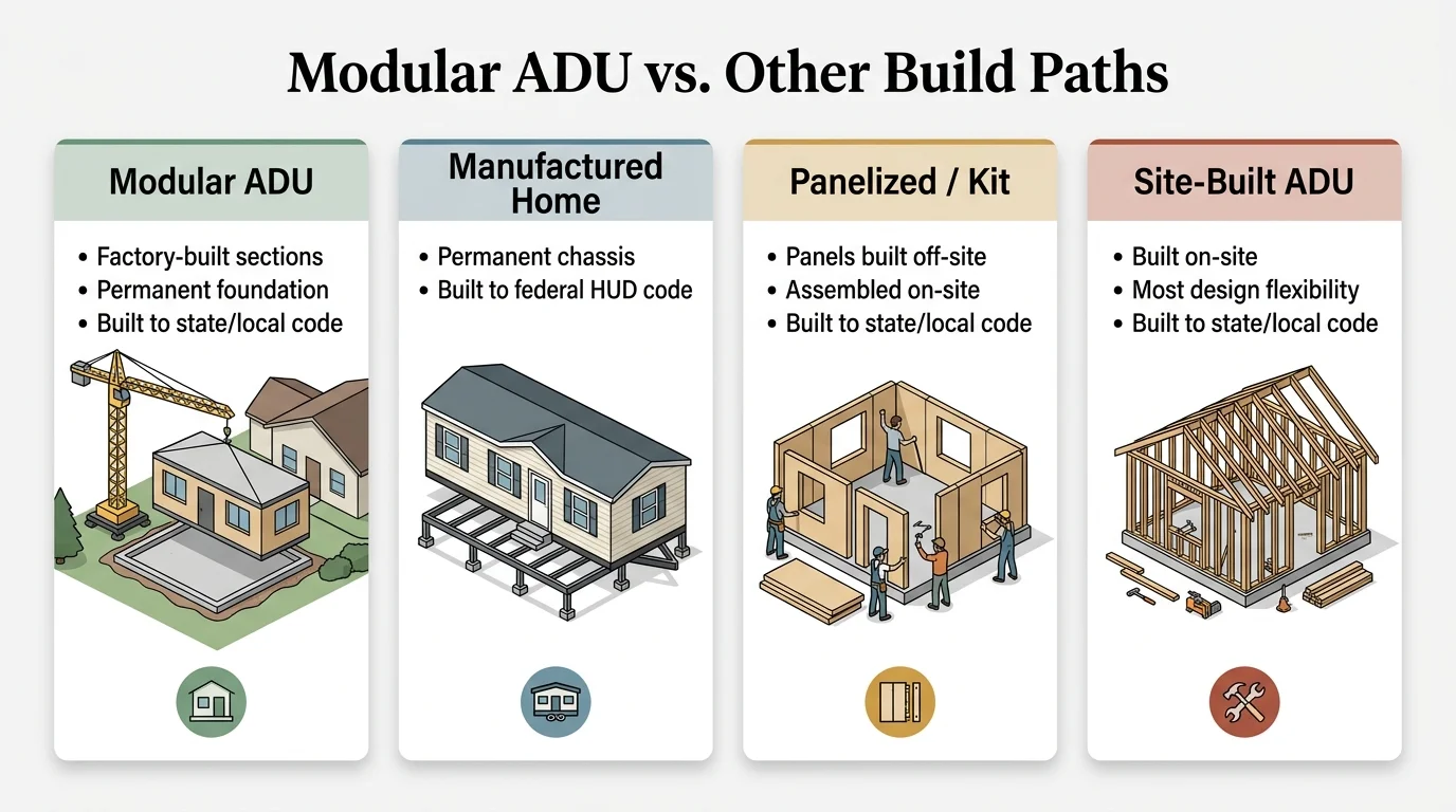 Infographic comparing four ADU build paths: Modular ADU (factory-built sections, permanent foundation, built to state/local code), Manufactured Home (permanent chassis, federal HUD code), Panelized/Kit (panels built off-site, assembled on-site), and Site-Built ADU (built on-site, most design flexibility)