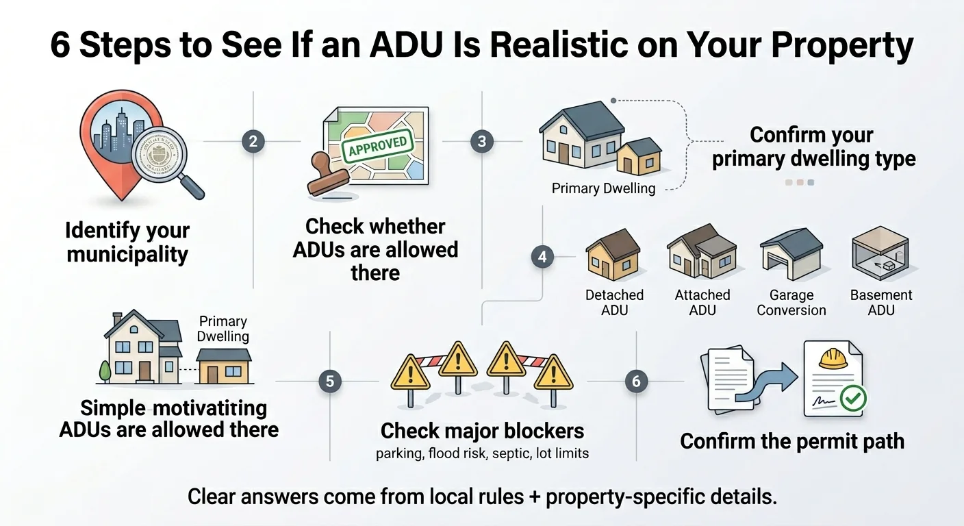 Infographic: 6 Steps to See If an ADU Is Realistic on Your Property. Step 1: Identify your municipality. Step 2: Check whether ADUs are allowed there. Step 3: Confirm your primary dwelling type (primary dwelling shown). Step 4: Identify which ADU type is realistic — detached ADU, attached ADU, garage conversion, or basement ADU. Step 5: Check major blockers — parking, flood risk, septic, lot limits (warning triangle icons). Step 6: Confirm the permit path (building permit checkmark). Bottom note: Clear answers come from local rules plus property-specific details.