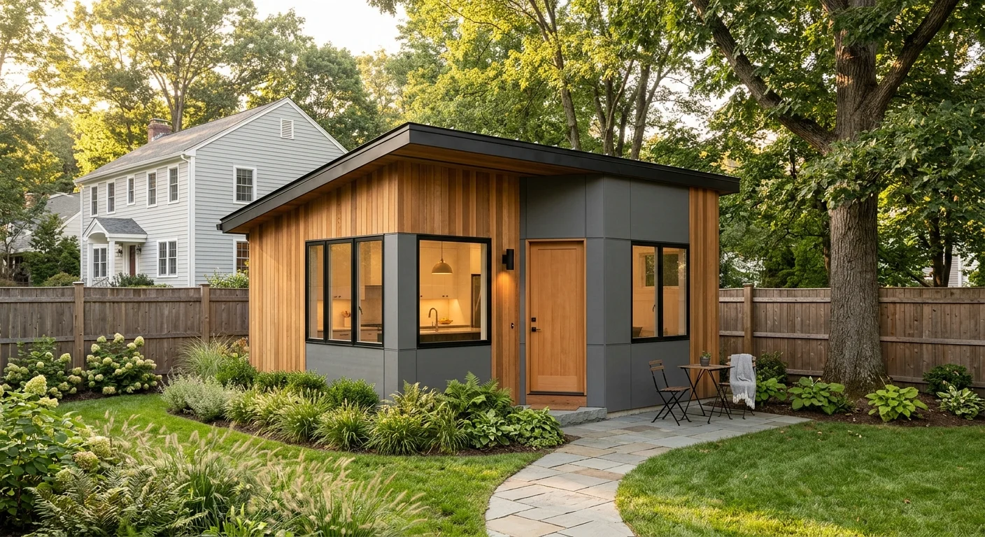 Completed detached ADU backyard cottage on a New York suburban residential lot at dusk — modern design with vertical cedar siding, gray panel lower section, large black-framed picture windows with warm interior kitchen lighting visible, single wooden door, two folding café chairs on a stone patio, curved stone walkway through a lush green lawn with hydrangeas and ornamental grasses, tall mature trees in the background, neighboring colonial-style home visible to the left. Representative of a detached garage-style ADU at the $250K–$350K range in a Hudson Valley or Westchester county municipality.