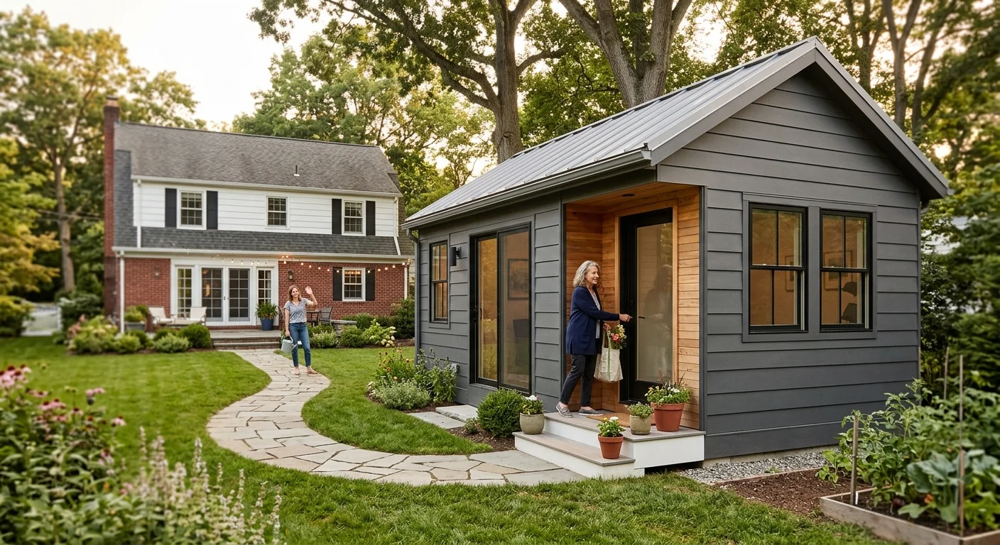 A woman in her 60s opens the door of a newly completed detached ADU backyard cottage — dark gray Hardie board siding, black-framed windows, cedar wood door surround, lush cottage garden with echinacea and ornamental grasses, curved stone pathway, raised vegetable garden beds, mature oak tree overhead, two-story brick and white clapboard primary residence visible in the background with string lights on the deck. Scene represents multigenerational housing and aging in place through an ADU in an upstate New York or Hudson Valley suburban residential setting.