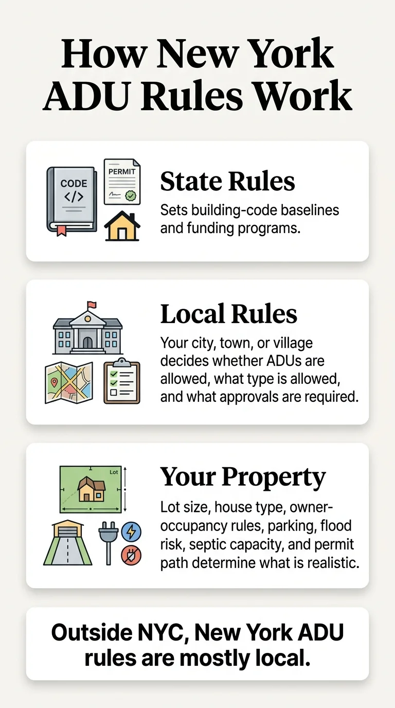 Infographic: How New York ADU Rules Work — Three layers illustrated. Layer 1: State Rules — sets building-code baselines and funding programs. Layer 2: Local Rules — your city, town, or village decides whether ADUs are allowed, what type is allowed, and what approvals are required. Layer 3: Your Property — lot size, house type, owner-occupancy rules, parking, flood risk, septic capacity, and permit path determine what is realistic. Bottom note: Outside NYC, New York ADU rules are mostly local.
