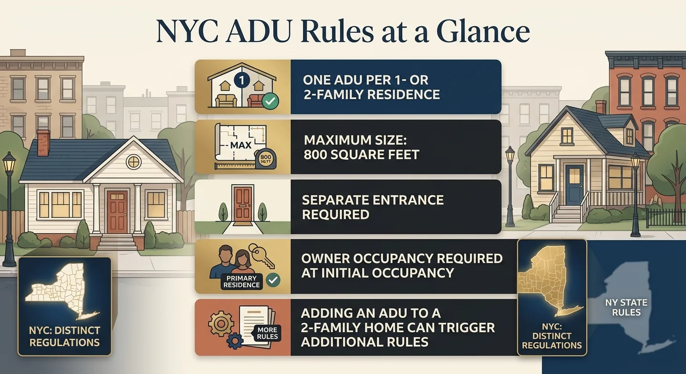 Infographic: NYC ADU Rules at a Glance — Five key rules shown with icons. One ADU per 1- or 2-family residence. Maximum size: 800 square feet. Separate entrance required. Owner occupancy required at initial occupancy. Adding an ADU to a 2-family home can trigger additional rules. Left badge: NYC distinct regulations. Right badge: NY State rules, NYC distinct regulations. Background shows illustrated NYC brownstone streetscape.