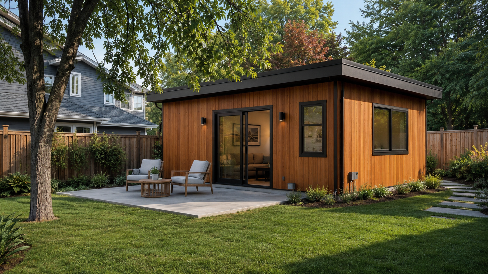 Finished portable ADU backyard cottage with landscaping and outdoor seating