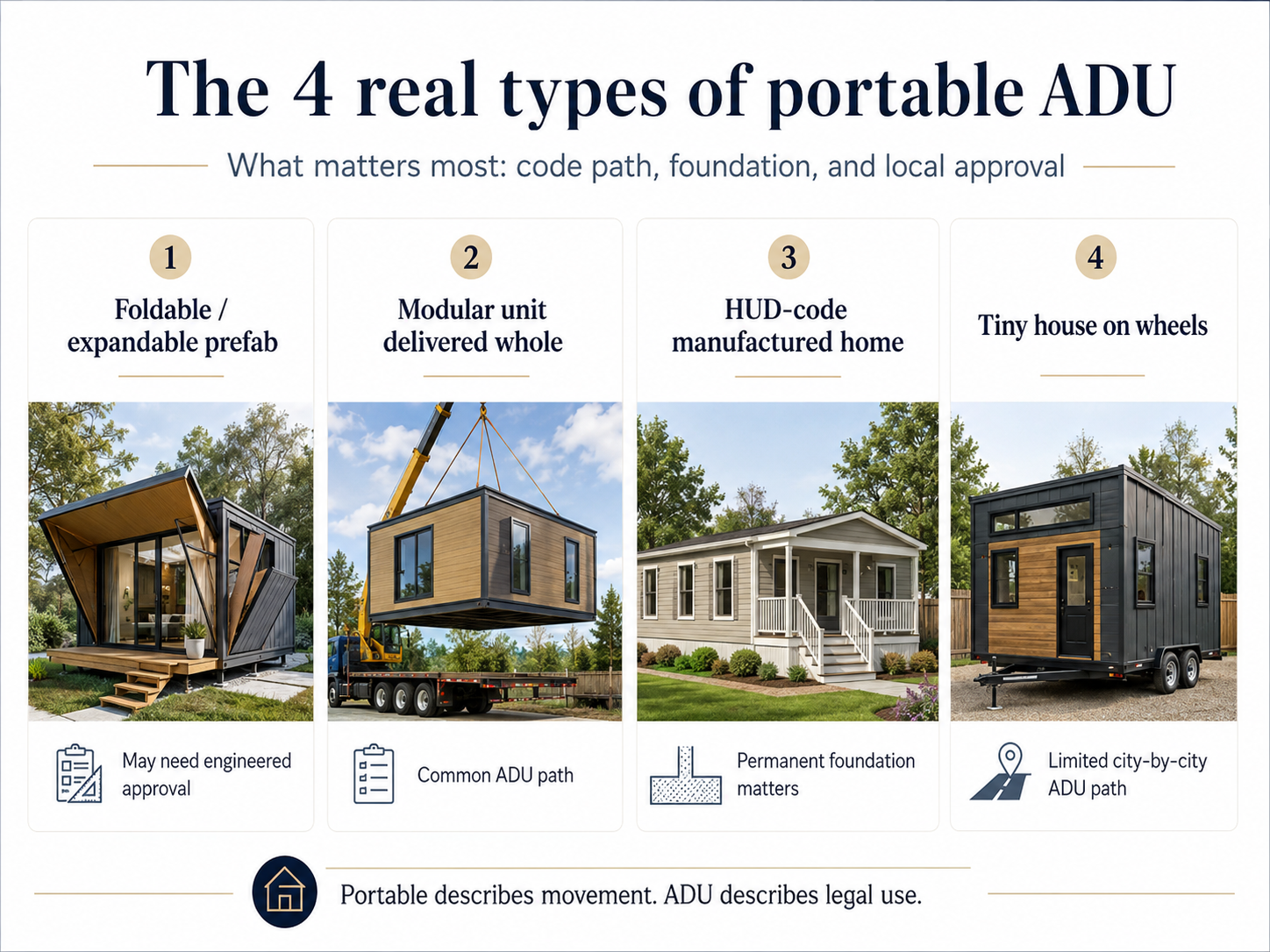 Infographic comparing the 4 real types of portable ADU: foldable, modular, HUD-code, and THOW
